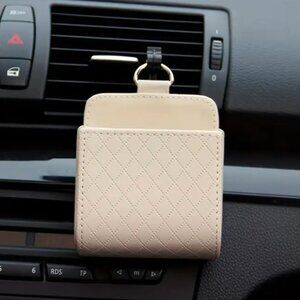 New Cream Car Air Vent Hanging Storage Bag Faux Leather with a Quilted Design